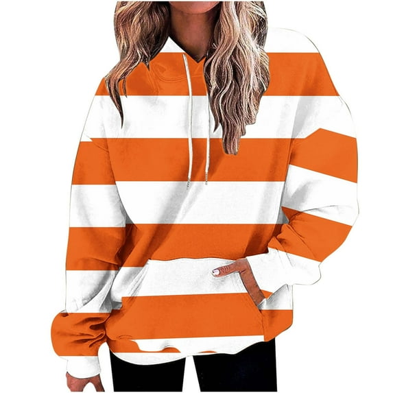 Scyoekwg Womens Hoodies Drawstring Hooded Sweatshirts with Pocket Striped Tops for Women Trendy Loose Dressy Casual Blouse Long Sleeve Pullover (Orange,XL)