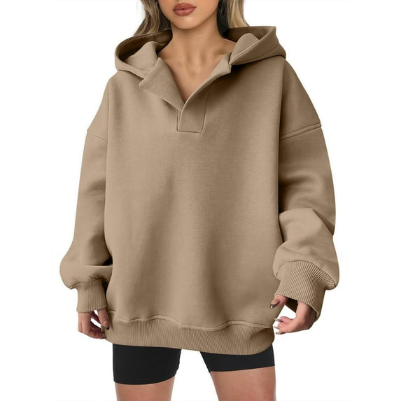 Scyoekwg Womens Hoodies Drop Shoulder Sleeve Oversized Sweatshirt Casual Fall Sweatshirt Loose Long Sleeve Solid Color Pullover (Khaki,XL)