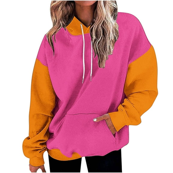 Scyoekwg Womens Hoodies Trendy Fall Sweatshirt Dressy Casual Loose Pullover Tops Color Block Graphic Sweatshirt Hooded Drawstring Sweatshirt Pocket Long Sleeve Hoodies Womens Clothes(Hot Pink,L)