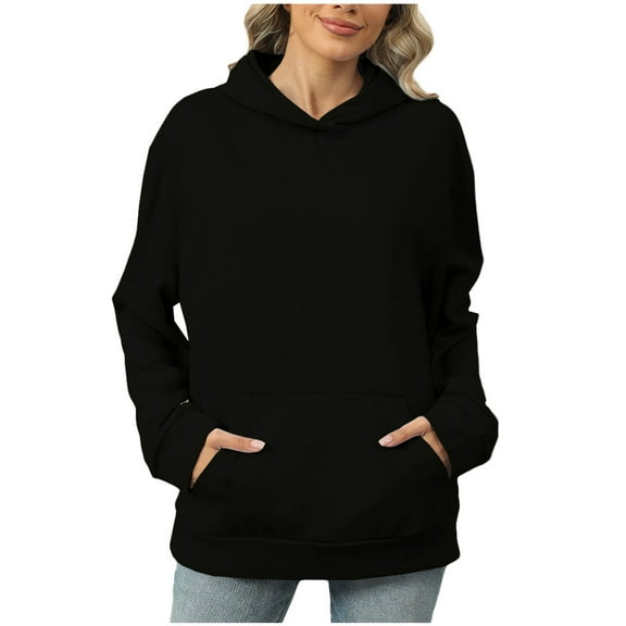 Scyoekwg Womens Hoodies Trendy Fall Sweatshirt Hooded Pullover Sweatshirt Pocket Dressy Casual Loose Solid Color Hoodies Long Sleeve Pullover Tops Sweatshirts(Black,S)
