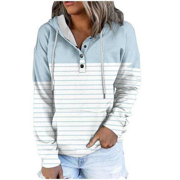 Scyoekwg Womens Hoodies Trendy Fall Sweatshirt Loose Hooded Drawstring Pocket Pullover Tops Dressy Casual Long Sleeve Striped Printed Graphic Sweatshirt Hoodies Sweatshirts(Light Blue,M)