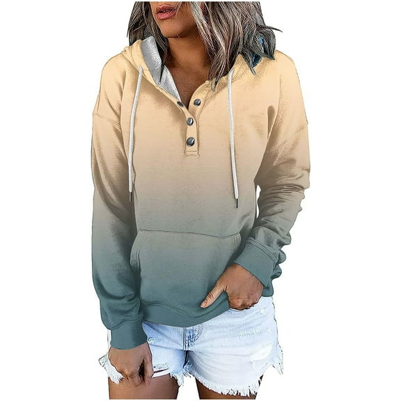 Scyoekwg Womens Hoodies Trendy Fall Sweatshirt Pullover Tops Casual Hoodies Gradient Color Graphic Sweatshirt Long Sleeve Loose Hooded Button Drawstring Sweatshirt Pocket Pullover(Khaki,XL)