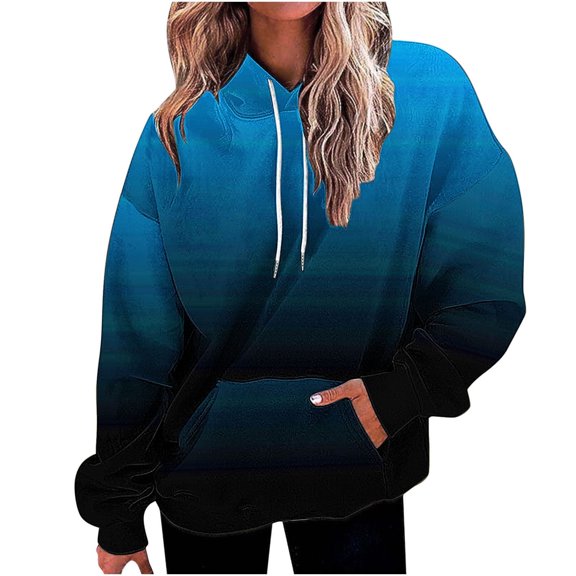 Scyoekwg Womens Hoodies Trendy Fall Sweatshirt Hoodies Pullover Tops Dressy Casual Loose Gradient Color Graphic Sweatshirt Long Sleeve Hooded Drawstring Sweatshirt Pocket Pullover(Blue,L)