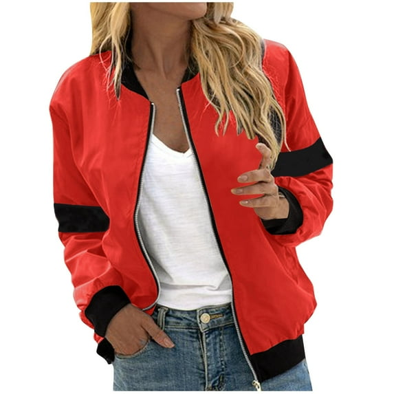 Scyoekwg Womens Jacket Color Block Splicing Fall Coats Trendy Lightweight Casual Stand Collar Zipper Jacket Loose Long Sleeve Outerwear(Red,XL)
