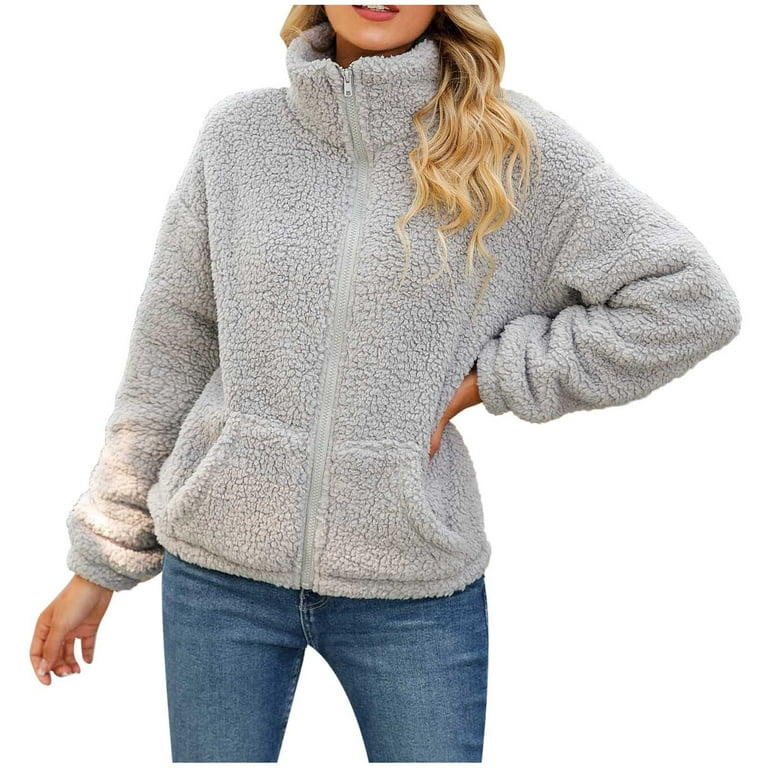 Scyoekwg Womens Jacket Loose Comfy Casual Solid Color Long Sleeve Hooded  Neck Autumn and Winter High Collar Round Neck Loose Iron Free Zipper Bubble  Velvet Coat Hoodless Coat/Jacket Gray L 