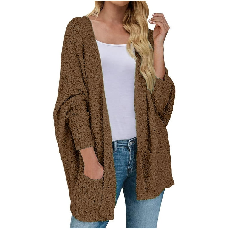Scyoekwg Womens Jacket Trendy Solid Color Long Sleeve Open Front Casual  Ladies Open Front Soft Chunky Pocket Coat Outerwear Cardigan Coffee XL