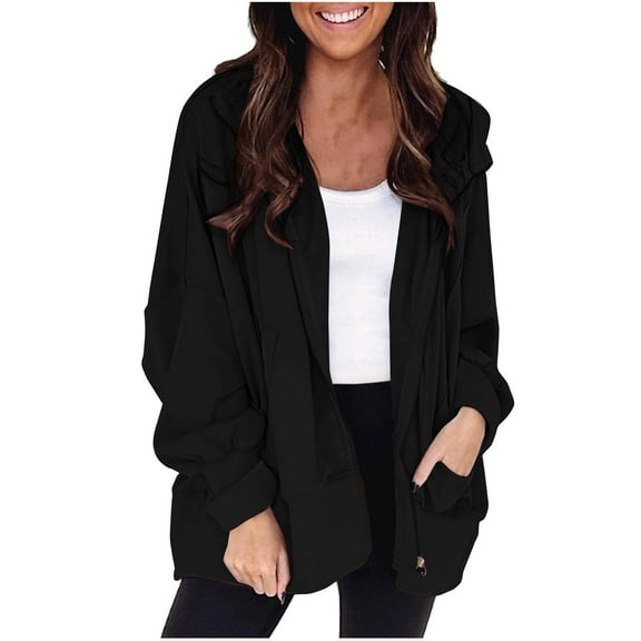 Scyoekwg Womens Jacket Zipper Hooded Jackets Long Sleeve Casual Solid Color Fashion Loose Lightweight Coats (Black,L)