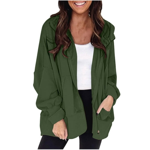 Scyoekwg Womens Jacket Zipper Hooded Jackets Long Sleeve Casual Solid Color Fashion Loose Lightweight Coats (Green,L)