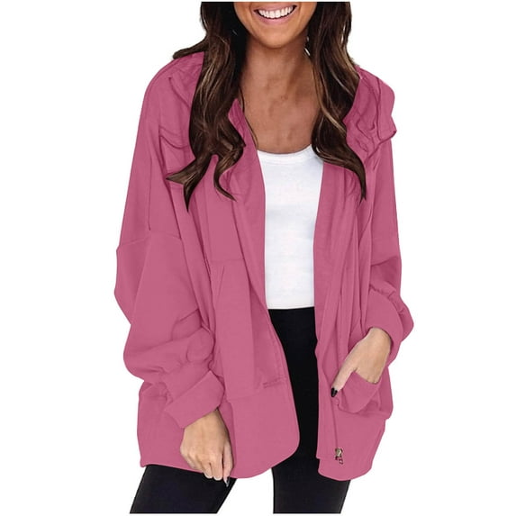 Scyoekwg Womens Jacket Zipper Hooded Jackets Long Sleeve Casual Solid Color Fashion Loose Lightweight Coats (Pink,M)