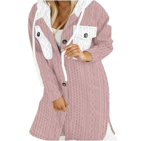Scyoekwg Womens Jackets And Cardigans Long Sleeve Tops Loose Lightweight Plaid Shirts Fall Winter Button Up Hooded Coats Casual Fashion with Pocket Cardigan Jacket (Pink,L)
