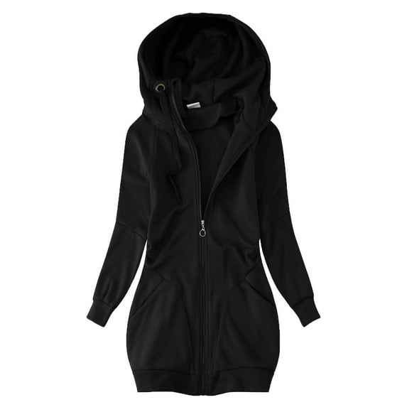 Scyoekwg Womens Jackets And Coats Loose Trendy Casual Coat Long Sleeve Solid Color Jacket Zipper Hooded Jackets (Black,L)