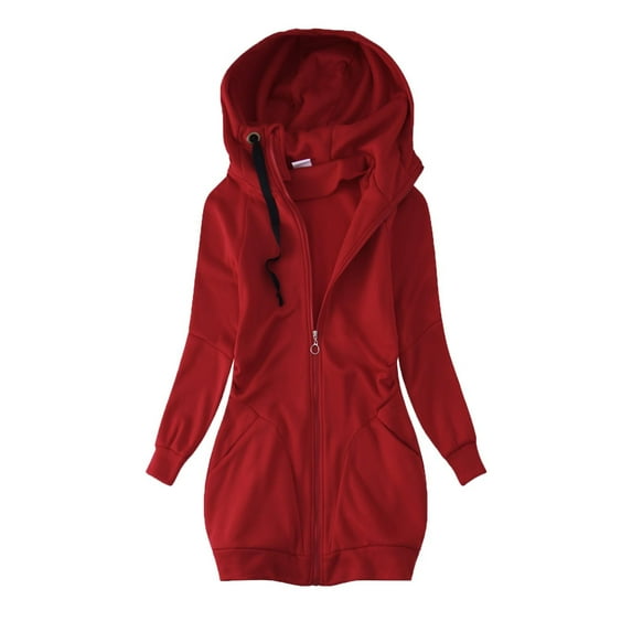 Scyoekwg Womens Jackets And Coats Loose Trendy Casual Coat Long Sleeve Solid Color Jacket Zipper Hooded Jackets (Red,M)