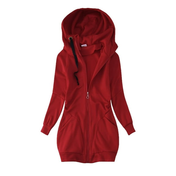 Scyoekwg Womens Jackets And Coats Loose Trendy Casual Coat Long Sleeve Solid Color Jacket Zipper Hooded Jackets (Red,S)