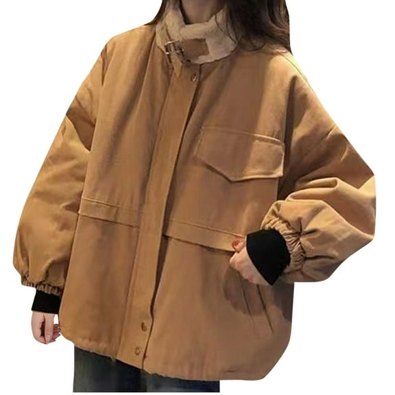 Scyoekwg Womens Jackets and Coats Thickened Warm Jacket Zipper Button Pocket Drawstring Turndown Collar Outwear Solid Color Casual Loose Long Sleeve Outerwear (Khaki,M)