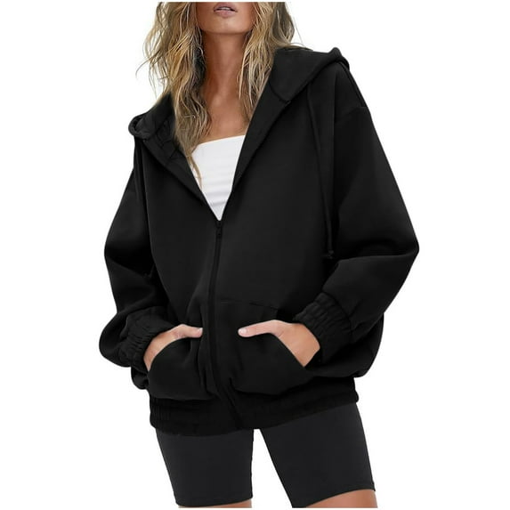 Scyoekwg Womens Jackets and Coats Clearance Zipper Drawstring Hoodies Coats with Pockete Long Sleeve Solid Color Casual Winter Warm Jackets Loose Outerwear (Black,XL)