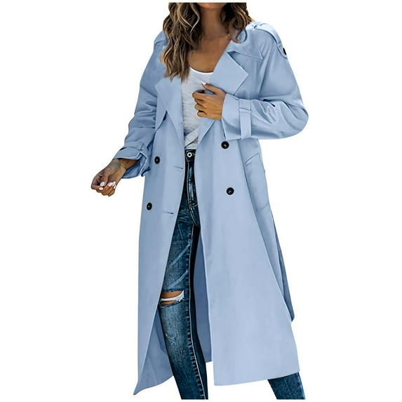 Scyoekwg Womens Jackets and Coats Double Breasted Long Trench Coat Outwear Long Sleeve Solid Color Casual Winter Warm Jackets Loose Outerwear (Light Blue,L)