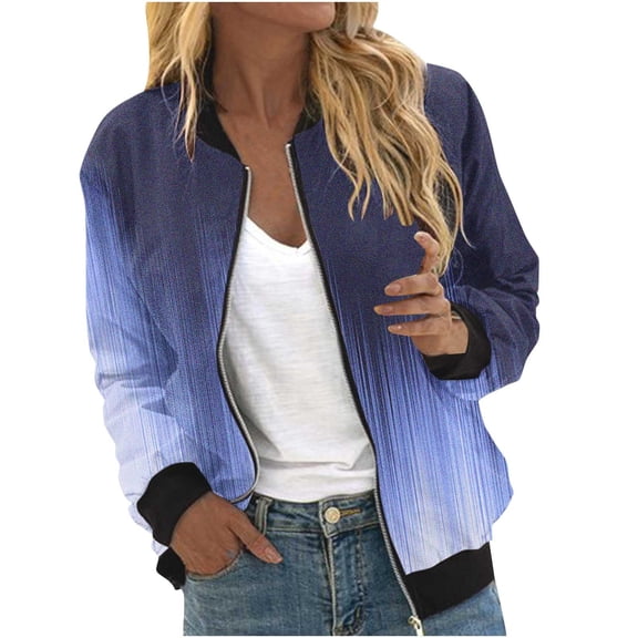 Scyoekwg Womens Jackets Loose Trendy Gradient Color Zipper Stand Collar Jacket Lightweight Long Sleeve Fall Coats Casual Outerwear(Dark Blue,M)