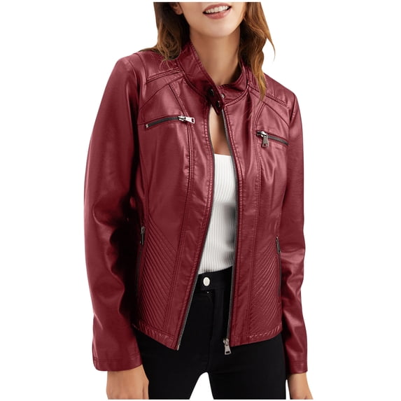 Scyoekwg Womens Jackets Trendy Solid Color Zipper Stand Collar Short Leather Coats Moto Biker Coat Vintage Long Sleeve Fall Coats Casual Coats(Wine,M)