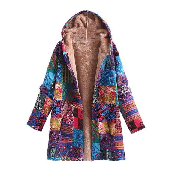 Scyoekwg Womens Jackets Winter Casual Long Sleeve Ethnic Print Jacket Trendy Coat Loose Cotton And Linen Warm Jacket Fall Winter Fleece Jacket Hooded Thick Lined Coats Outerwear (#B02=Blue,M)