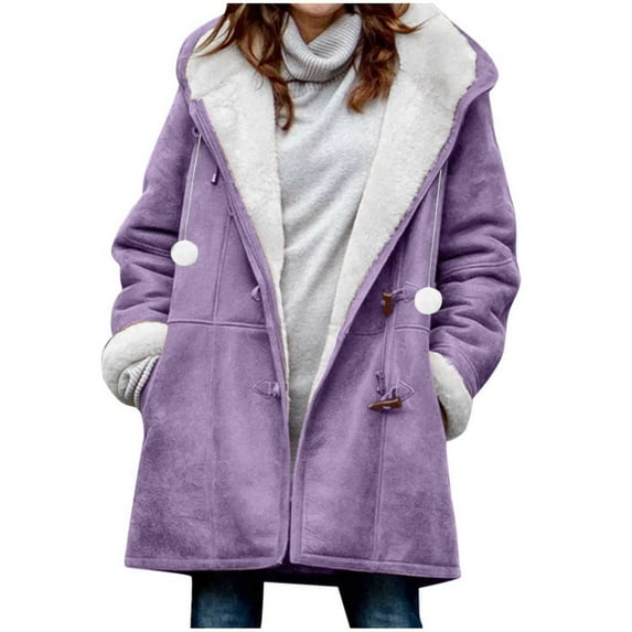 Scyoekwg Womens Jackets Winter Casual Loose Trendy Solid Color Long Sleeve Winter Warm Coat Fleece Jacket Pocket Button Hooded Coat (V01_Purple,XXXXXL)