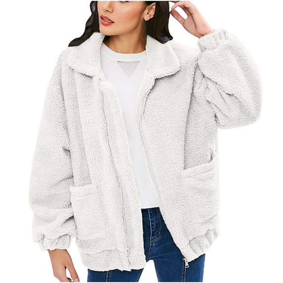 Scyoekwg Womens Jackets Zipper Lapel Thickened Fleece Warm Jacket with Pockets Outwear Loose Winter Warm Jackets Long Sleeve Casual Solid Color Outerwear (White,XL)