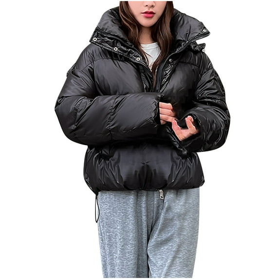 Scyoekwg Womens Jackets Zipper Thickened Short Padded Coat Loose Winter Warm Jackets Outwear Solid Color Long Sleeve Casual Outerwear (Black,L)