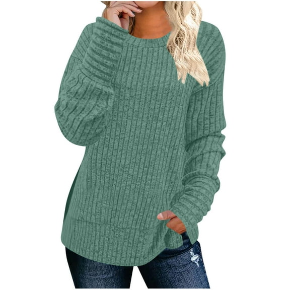 Scyoekwg Womens Kint Tops Fall Fashion Womens Long Sweaters Dressy Casual Crewneck Hem Side Slit Knit Sweaters Long Sleeve Tunic Shirts Loose Comfy Pullover Winter Clothing (Green,S)