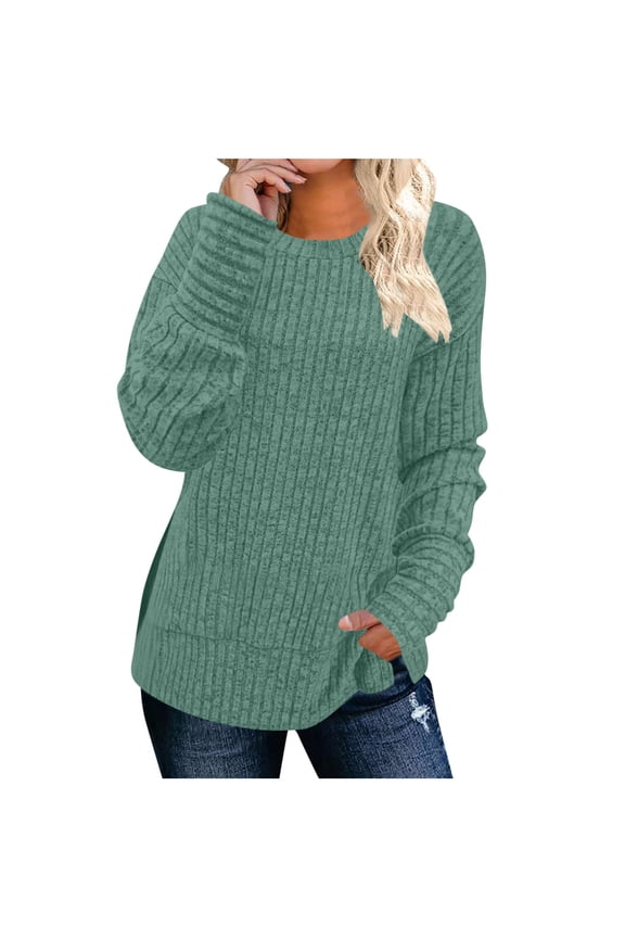 Womens Kint Tops Fall Fashion Womens Long Sweaters Dressy Casual Crewneck Hem Side Slit Knit Sweaters Long Sleeve Tunic Shirts Loose Comfy Pullover Winter Clothing (Green,XXL)
