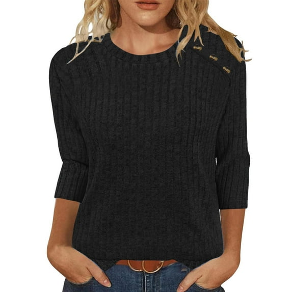 Scyoekwg Womens Knit Tops Fall Fashion for Women Round Neck Shoulder Button 3/4 Sleeve Tops Knit Sweater Dressy Casual Tunic Pullover Winter Clothes (Black,M)