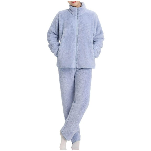 Scyoekwg Womens Lamb Wool 2 Piece Pajamas Sets Zipper Plush Loungewear Matching Set Casual Loose Solid Color Jacket and Pants Two Piece Matching Set (Light Blue,M)