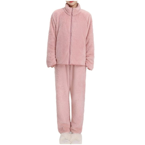 Scyoekwg Womens Lamb Wool 2 Piece Pajamas Sets Zipper Plush Loungewear Matching Set Casual Loose Solid Color Jacket and Pants Two Piece Matching Set (Pink,XL)