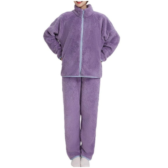 Scyoekwg Womens Lamb Wool 2 Piece Pajamas Sets Zipper Plush Loungewear Matching Set Casual Loose Solid Color Jacket and Pants Two Piece Matching Set (Purple,XL)