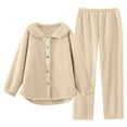 thumbnail image 1 of Scyoekwg Womens Lamb Wool Pajamas Sets 2 Piece Winter Warm Loungewear Matching Set Casual Loose Solid Color Button Long Sleeve Turndown Collar Tops Pants Set (Khaki,L), 1 of 5