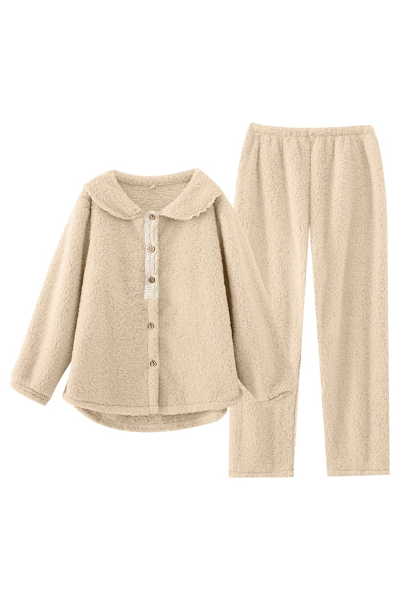 Womens Lamb Wool Pajamas Sets 2 Piece Winter Warm Loungewear Matching Set Casual Loose Solid Color Button Long Sleeve Turndown Collar Tops Pants Set (Khaki,L)