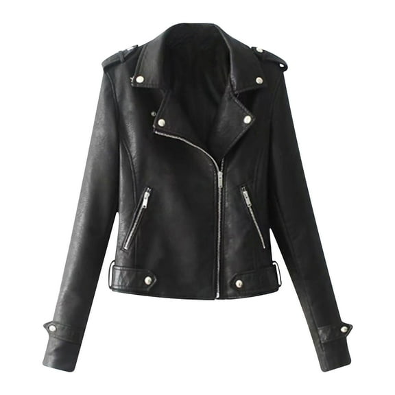 Scyoekwg Womens Leather Jacket Solid Color Moto Biker Coat Fall Coats Zipper Lapel Short Leather Coats Vintage Long Sleeve Trendy Casual Coats(Black,S)