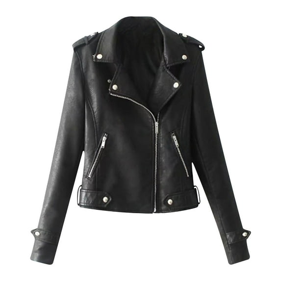 Scyoekwg Womens Leather Jacket Solid Color Moto Biker Coat Fall Coats Zipper Lapel Short Leather Coats Vintage Long Sleeve Trendy Casual Coats(Black,XL)