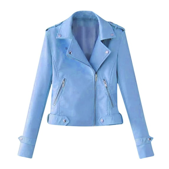 Scyoekwg Womens Leather Jacket Solid Color Moto Biker Coat Fall Coats Zipper Lapel Short Leather Coats Vintage Long Sleeve Trendy Casual Coats(Blue,L)