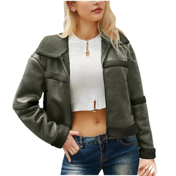Scyoekwg Womens Leather Jacket Trendy Solid Color Zipper Lapel Warm Plush Leather Jacket Vintage Moto Biker Coat Long Sleeve Fall Coats Casual Coats(Army Green,S)