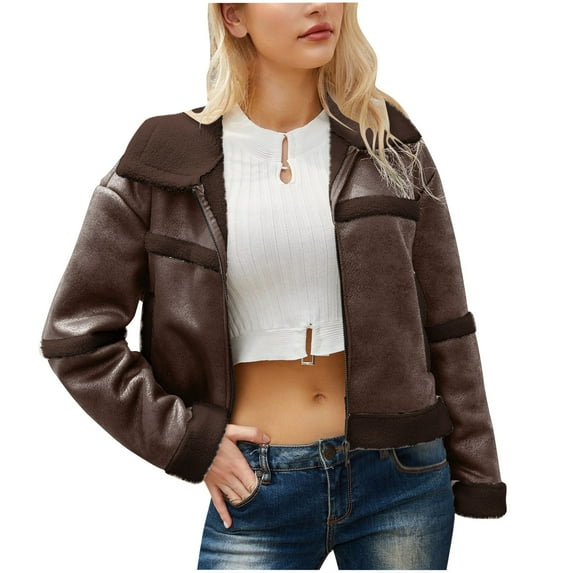 Scyoekwg Womens Leather Jacket Trendy Solid Color Zipper Lapel Warm Plush Leather Jacket Vintage Moto Biker Coat Long Sleeve Fall Coats Casual Coats(Coffee,S)