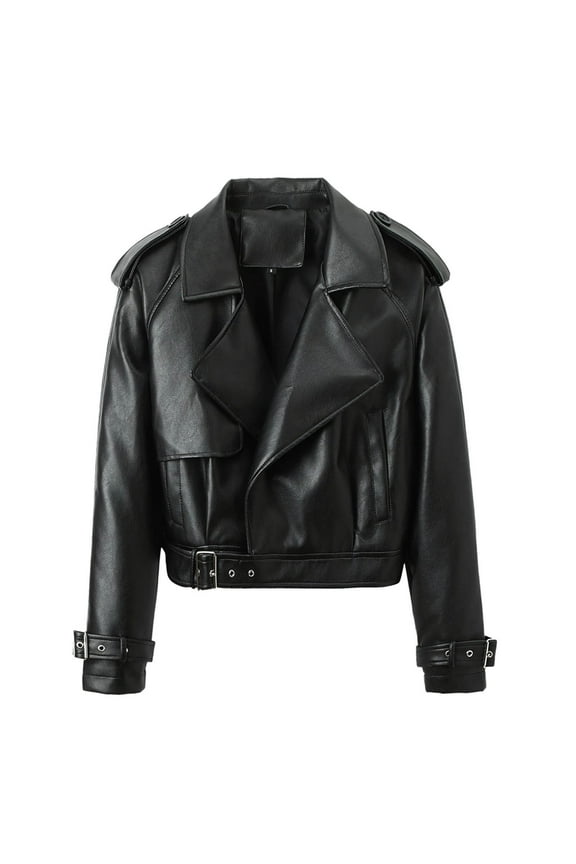 Womens Leather Jacket Zipper Lapel Short Leather Coats Moto Biker Coat Solid Color Casual Vintage Long Sleeve Trendy Fall Coats Coats(Black,XL)