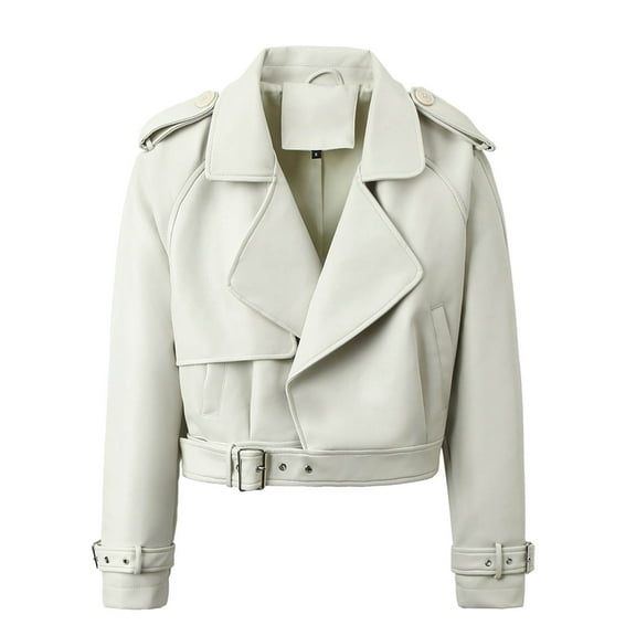 Scyoekwg Womens Leather Jacket Zipper Lapel Short Leather Coats Moto Biker Coat Solid Color Casual Vintage Long Sleeve Trendy Fall Coats Coats(White,M)