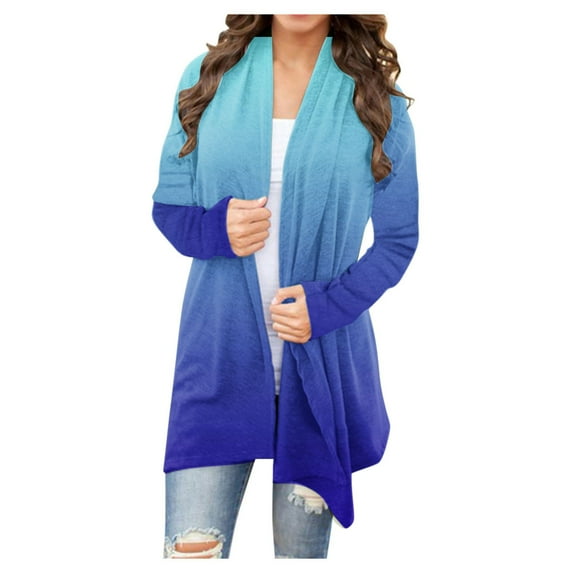 Scyoekwg Womens Lightweight Open Front Cardigans Gradient Color Long Sleeve Knitted Cardigans Casual Comfy Looses Blouses Jackets (Blue,L)