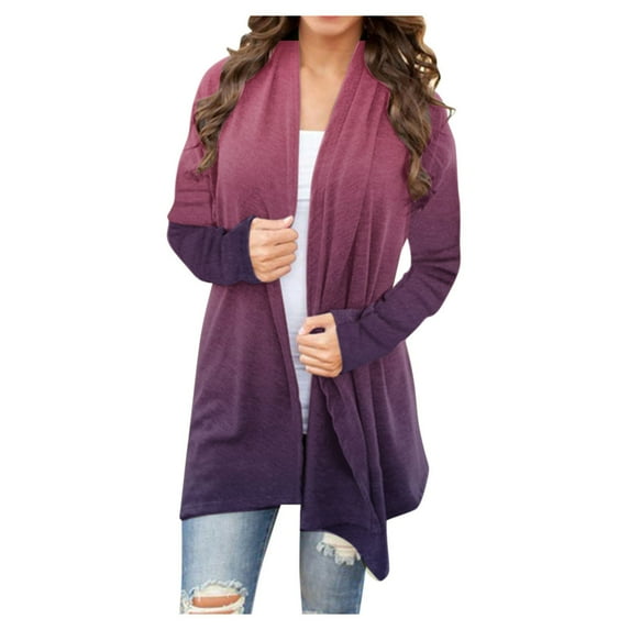 Scyoekwg Womens Lightweight Open Front Cardigans Gradient Color Long Sleeve Knitted Cardigans Casual Comfy Looses Blouses Jackets (Wine,M)