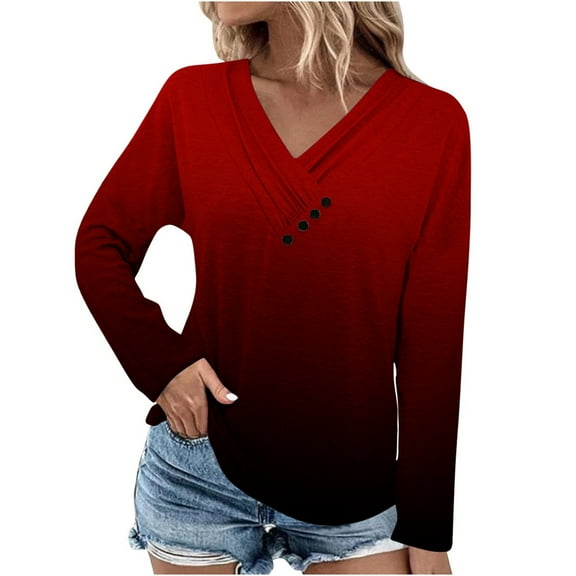 Scyoekwg Womens Long Sleeve Blouse Fall Clothes Trendy Ladies Tops V-Neck Buttons Pullover Dressy Casual Gradient Color Cute Loose Blouse Pullover Red L(8)