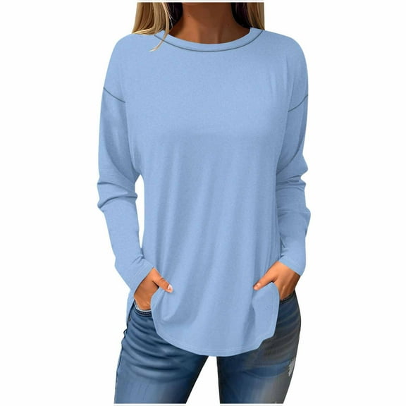 Scyoekwg Womens Long Sleeve Blouses for Fall Cewneck Basic Dressy Tunic Shirts Casual Loose Lightweight Solid Color Fall Clothes Vintage Pullover
