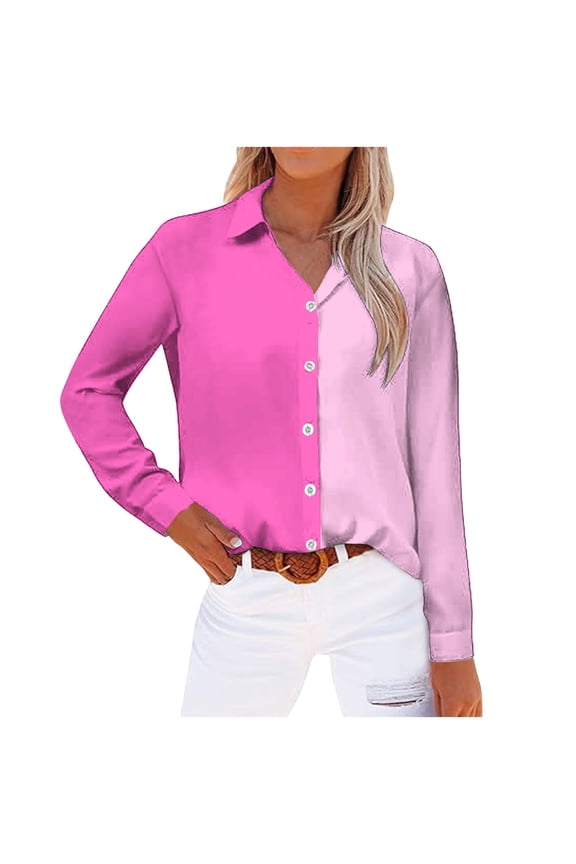 Womens Long Sleeve Fall Tops Lapel Button Up Shirt Dressy Casual Blouses Fall Clothes Fashion Vintage Loose Color Block Graphic Tops Tops(Hot Pink,XXXL)