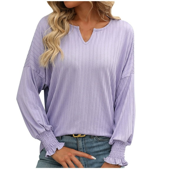 Scyoekwg Womens Long Sleeve Fall Tops V-Neck Lightweight Tunic Tops Vintage Fashion Loose Fall Clothes Solid Color Dressy Casual Blouses Tops(Purple,XXL)
