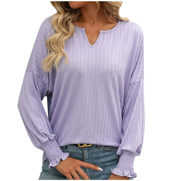 Scyoekwg Womens Long Sleeve Fall Tops V-Neck Lightweight Tunic Tops Vintage Fashion Loose Fall Clothes Solid Color Dressy Casual Blouses Tops(Purple,XXL)