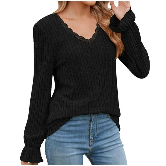 Scyoekwg Womens Long Sleeve Fall Tops V-Neck Stripe Brushed Tops Vintage Loose Fall Clothes Dressy Casual Blouses Fashion Solid Color Blouses(Black,XXL)