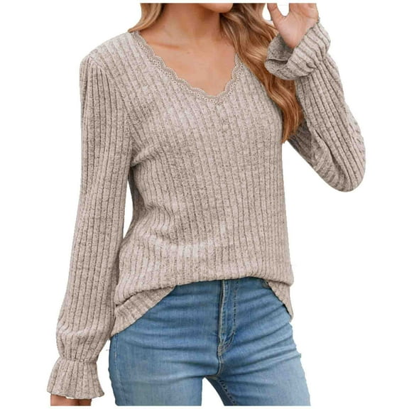 Scyoekwg Womens Long Sleeve Fall Tops V-Neck Stripe Brushed Tops Vintage Loose Fall Clothes Dressy Casual Blouses Fashion Solid Color Blouses(Khaki,XXL)